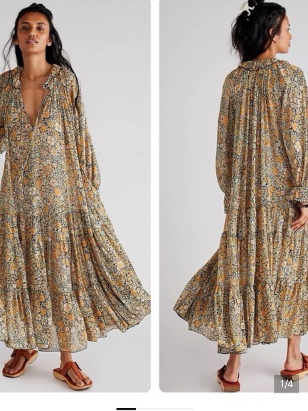 Free People Yellow Floral Ruffle Midi Dress